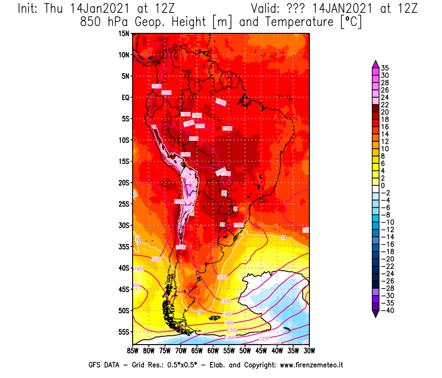 Mappa di analisi GFS - Geopotenziale [m] e Temperatura [°C] a 850 hPa in Sud-America
							del 14/01/2021 12 <!--googleoff: index-->UTC<!--googleon: index-->