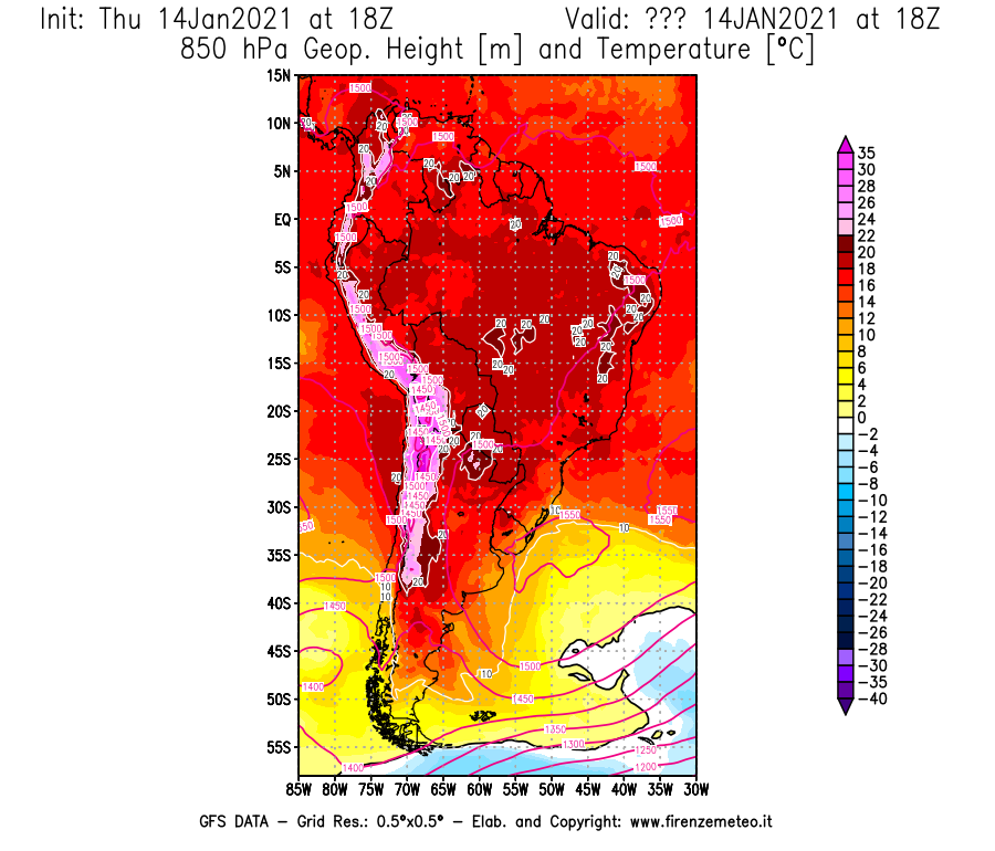 Mappa di analisi GFS - Geopotenziale [m] e Temperatura [°C] a 850 hPa in Sud-America
							del 14/01/2021 18 <!--googleoff: index-->UTC<!--googleon: index-->