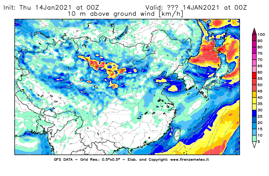 Mappa di analisi GFS - Velocità del vento a 10 metri dal suolo [km/h] in Asia Orientale
							del 14/01/2021 00 <!--googleoff: index-->UTC<!--googleon: index-->