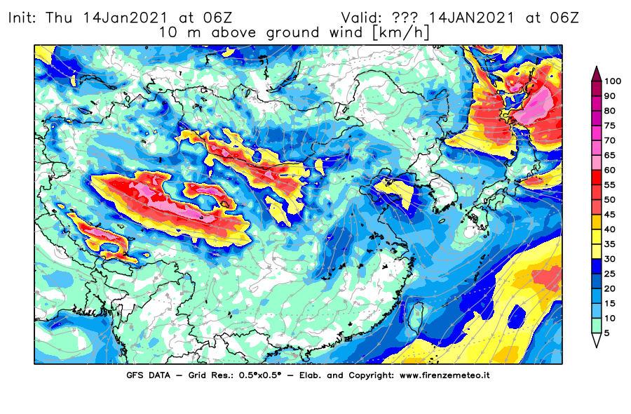 Mappa di analisi GFS - Velocità del vento a 10 metri dal suolo [km/h] in Asia Orientale
									del 14/01/2021 06 <!--googleoff: index-->UTC<!--googleon: index-->
