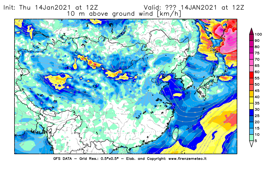 Mappa di analisi GFS - Velocità del vento a 10 metri dal suolo [km/h] in Asia Orientale
									del 14/01/2021 12 <!--googleoff: index-->UTC<!--googleon: index-->