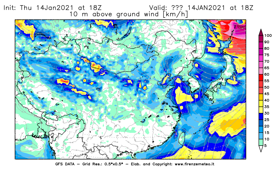 Mappa di analisi GFS - Velocità del vento a 10 metri dal suolo [km/h] in Asia Orientale
									del 14/01/2021 18 <!--googleoff: index-->UTC<!--googleon: index-->