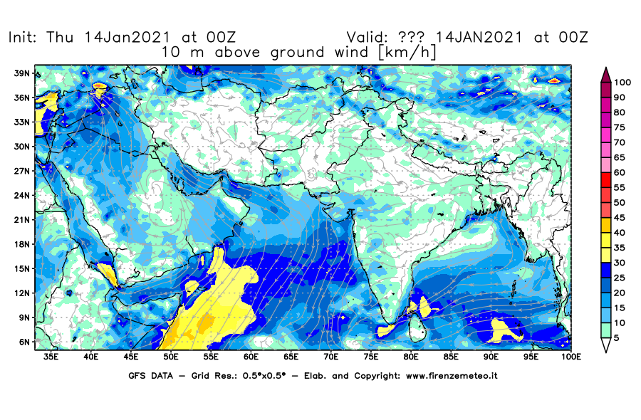 Mappa di analisi GFS - Velocità del vento a 10 metri dal suolo [km/h] in Asia Sud-Occidentale
									del 14/01/2021 00 <!--googleoff: index-->UTC<!--googleon: index-->