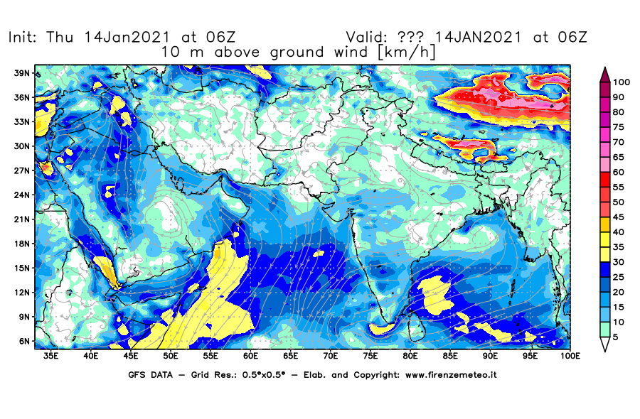 Mappa di analisi GFS - Velocità del vento a 10 metri dal suolo [km/h] in Asia Sud-Occidentale
							del 14/01/2021 06 <!--googleoff: index-->UTC<!--googleon: index-->