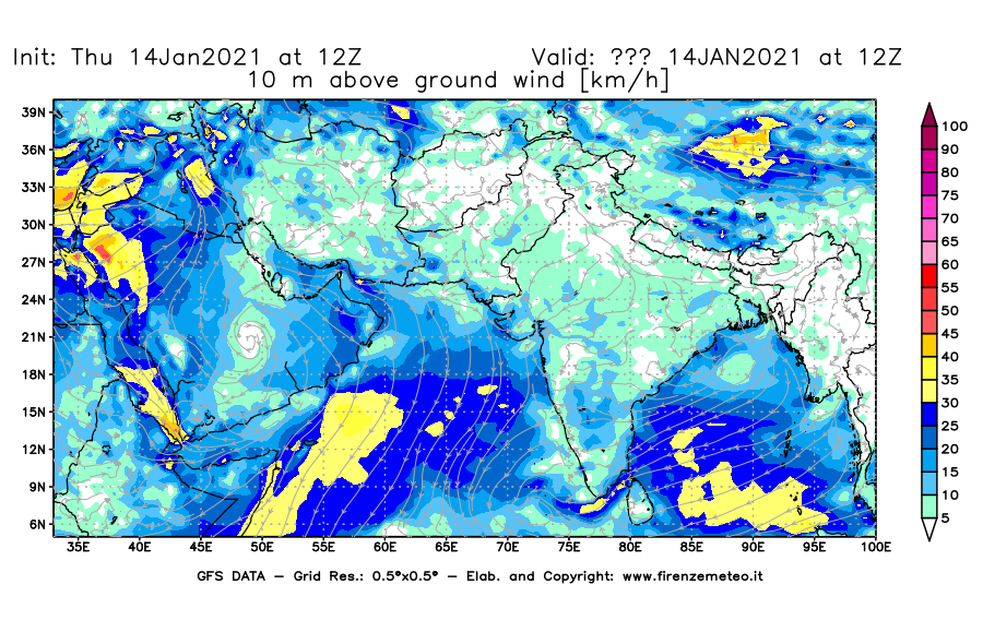 Mappa di analisi GFS - Velocità del vento a 10 metri dal suolo [km/h] in Asia Sud-Occidentale
									del 14/01/2021 12 <!--googleoff: index-->UTC<!--googleon: index-->