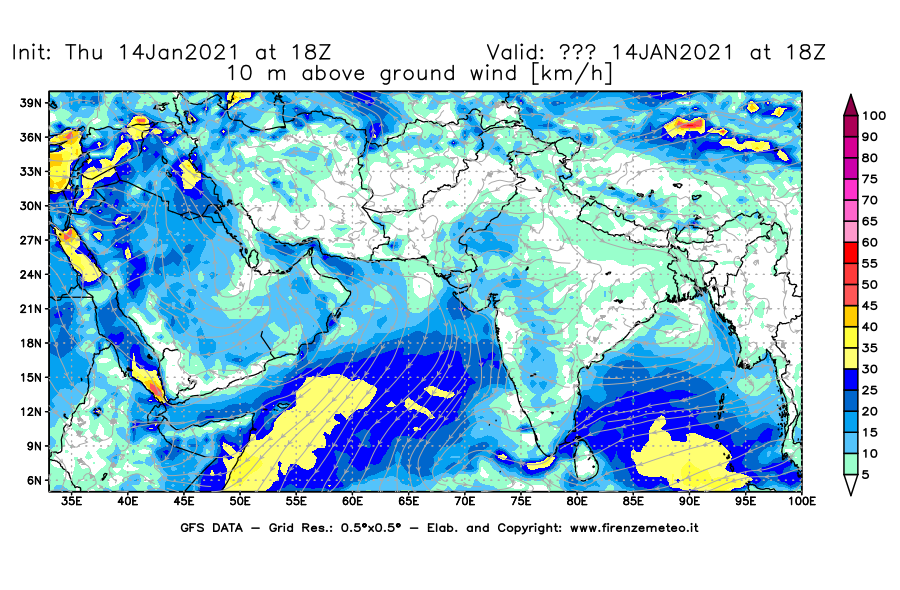 Mappa di analisi GFS - Velocità del vento a 10 metri dal suolo [km/h] in Asia Sud-Occidentale
							del 14/01/2021 18 <!--googleoff: index-->UTC<!--googleon: index-->