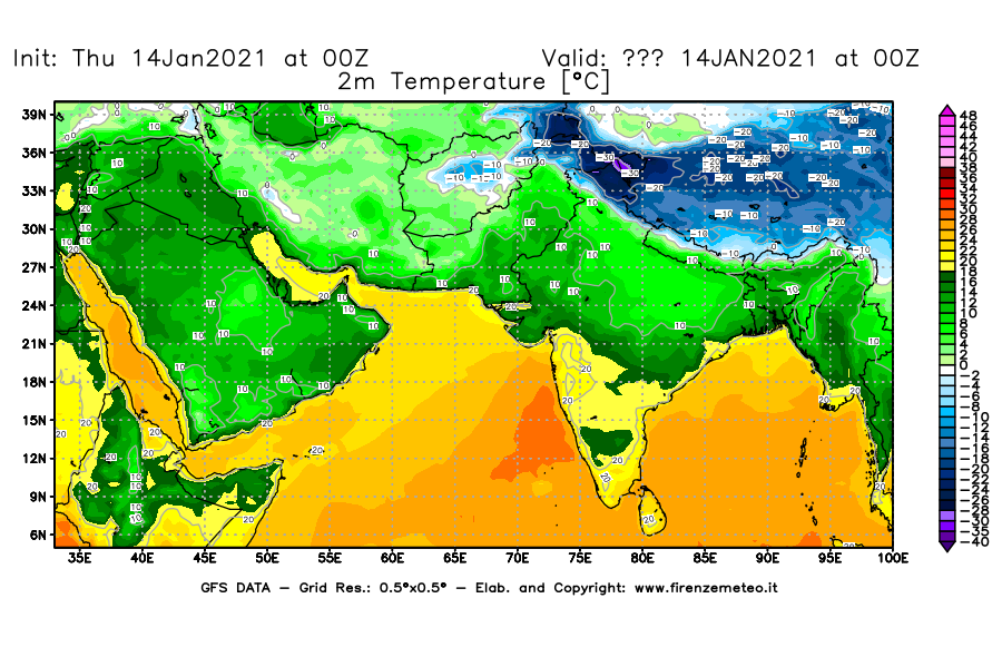 Mappa di analisi GFS - Temperatura a 2 metri dal suolo [°C] in Asia Sud-Occidentale
							del 14/01/2021 00 <!--googleoff: index-->UTC<!--googleon: index-->