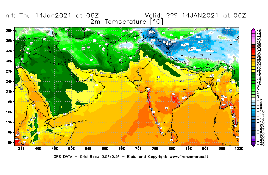 Mappa di analisi GFS - Temperatura a 2 metri dal suolo [°C] in Asia Sud-Occidentale
							del 14/01/2021 06 <!--googleoff: index-->UTC<!--googleon: index-->