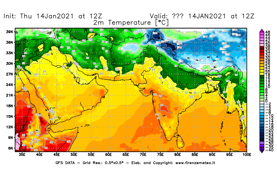 Mappa di analisi GFS - Temperatura a 2 metri dal suolo [°C] in Asia Sud-Occidentale
									del 14/01/2021 12 <!--googleoff: index-->UTC<!--googleon: index-->