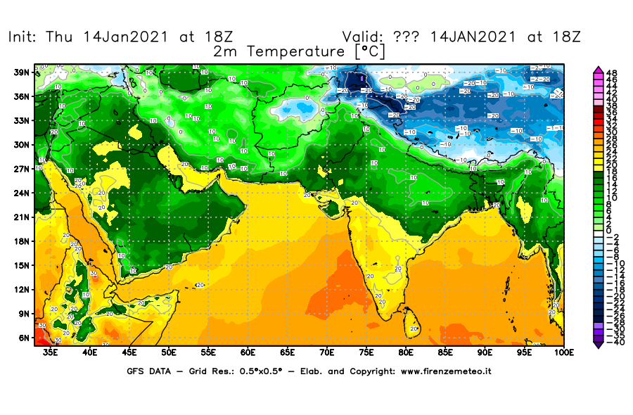 Mappa di analisi GFS - Temperatura a 2 metri dal suolo [°C] in Asia Sud-Occidentale
							del 14/01/2021 18 <!--googleoff: index-->UTC<!--googleon: index-->