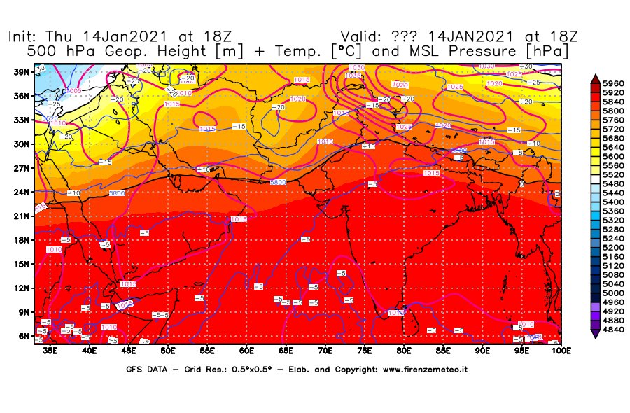 Mappa di analisi GFS - Geopotenziale [m] + Temp. [°C] a 500 hPa + Press. a livello del mare [hPa] in Asia Sud-Occidentale
									del 14/01/2021 18 <!--googleoff: index-->UTC<!--googleon: index-->