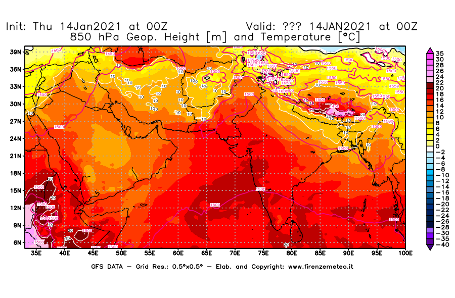 Mappa di analisi GFS - Geopotenziale [m] e Temperatura [°C] a 850 hPa in Asia Sud-Occidentale
									del 14/01/2021 00 <!--googleoff: index-->UTC<!--googleon: index-->