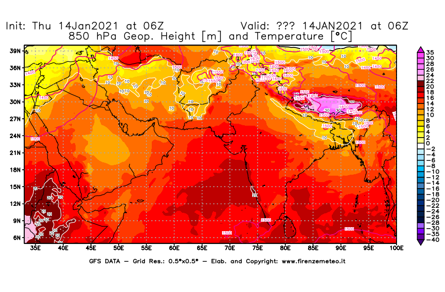 Mappa di analisi GFS - Geopotenziale [m] e Temperatura [°C] a 850 hPa in Asia Sud-Occidentale
							del 14/01/2021 06 <!--googleoff: index-->UTC<!--googleon: index-->