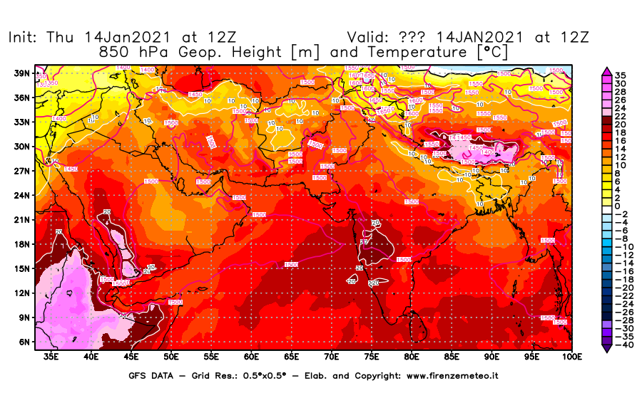 Mappa di analisi GFS - Geopotenziale [m] e Temperatura [°C] a 850 hPa in Asia Sud-Occidentale
							del 14/01/2021 12 <!--googleoff: index-->UTC<!--googleon: index-->