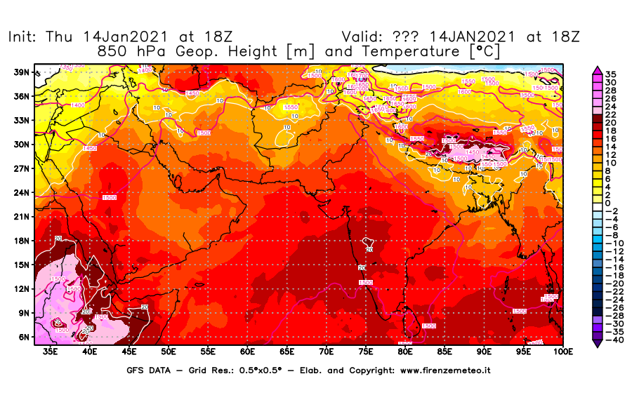 Mappa di analisi GFS - Geopotenziale [m] e Temperatura [°C] a 850 hPa in Asia Sud-Occidentale
									del 14/01/2021 18 <!--googleoff: index-->UTC<!--googleon: index-->
