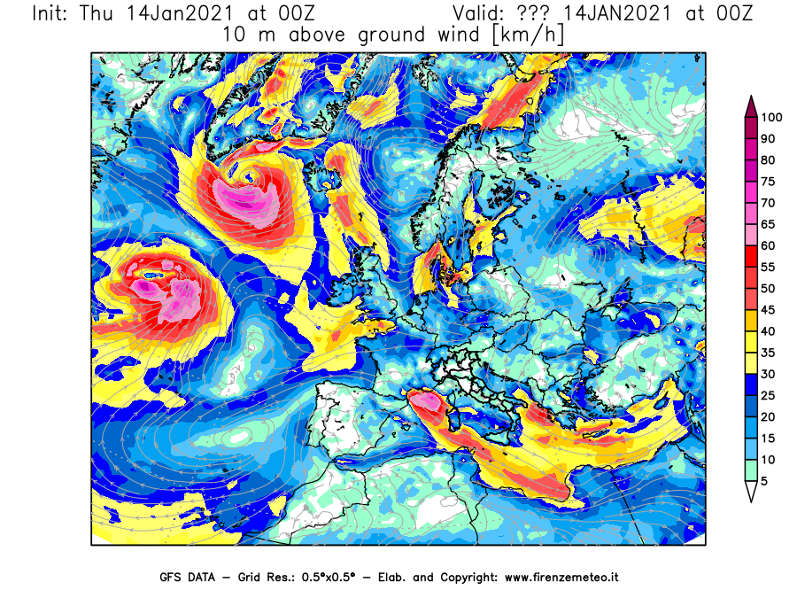 Mappa di analisi GFS - Velocità del vento a 10 metri dal suolo [km/h] in Europa
							del 14/01/2021 00 <!--googleoff: index-->UTC<!--googleon: index-->