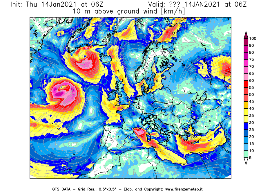 Mappa di analisi GFS - Velocità del vento a 10 metri dal suolo [km/h] in Europa
									del 14/01/2021 06 <!--googleoff: index-->UTC<!--googleon: index-->