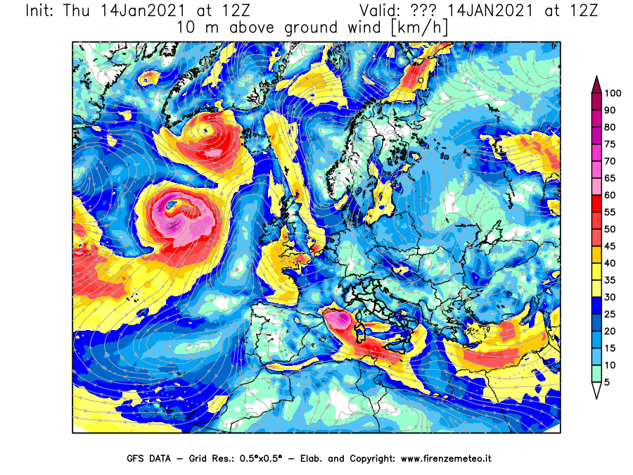 Mappa di analisi GFS - Velocità del vento a 10 metri dal suolo [km/h] in Europa
									del 14/01/2021 12 <!--googleoff: index-->UTC<!--googleon: index-->