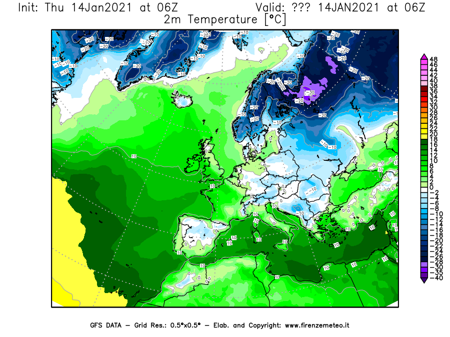 Mappa di analisi GFS - Temperatura a 2 metri dal suolo [°C] in Europa
									del 14/01/2021 06 <!--googleoff: index-->UTC<!--googleon: index-->