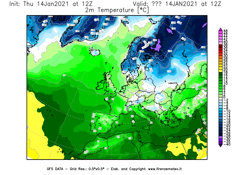 Mappa di analisi GFS - Temperatura a 2 metri dal suolo [°C] in Europa
							del 14/01/2021 12 <!--googleoff: index-->UTC<!--googleon: index-->