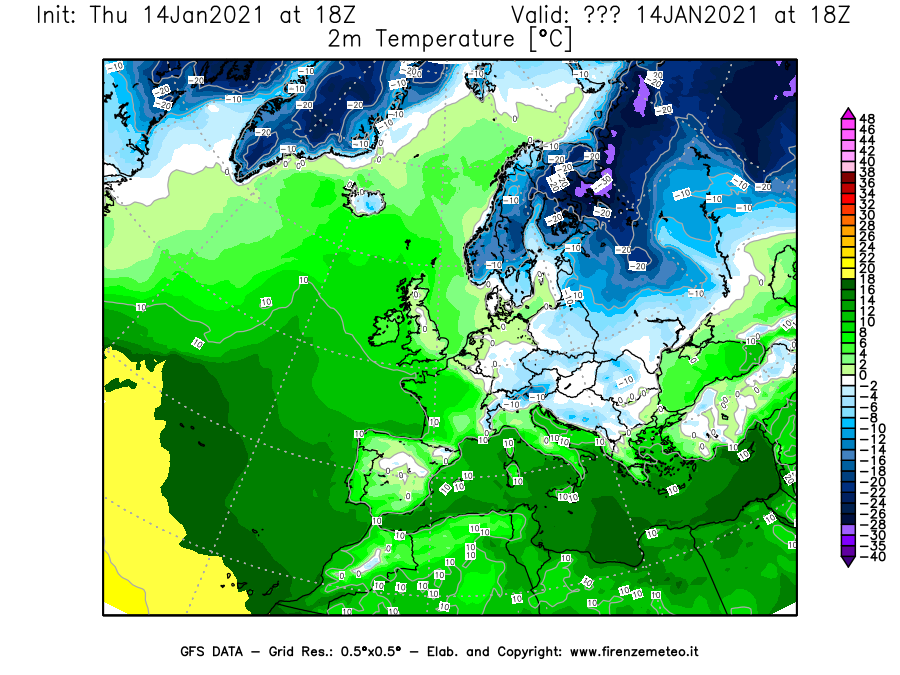 Mappa di analisi GFS - Temperatura a 2 metri dal suolo [°C] in Europa
									del 14/01/2021 18 <!--googleoff: index-->UTC<!--googleon: index-->