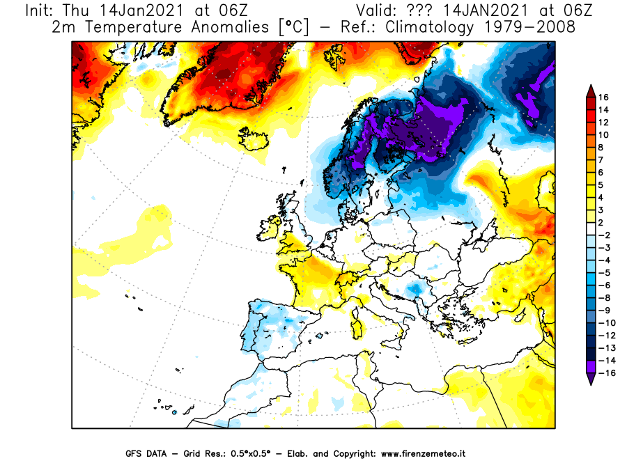 Mappa di analisi GFS - Anomalia Temperatura [°C] a 2 m in Europa
									del 14/01/2021 06 <!--googleoff: index-->UTC<!--googleon: index-->