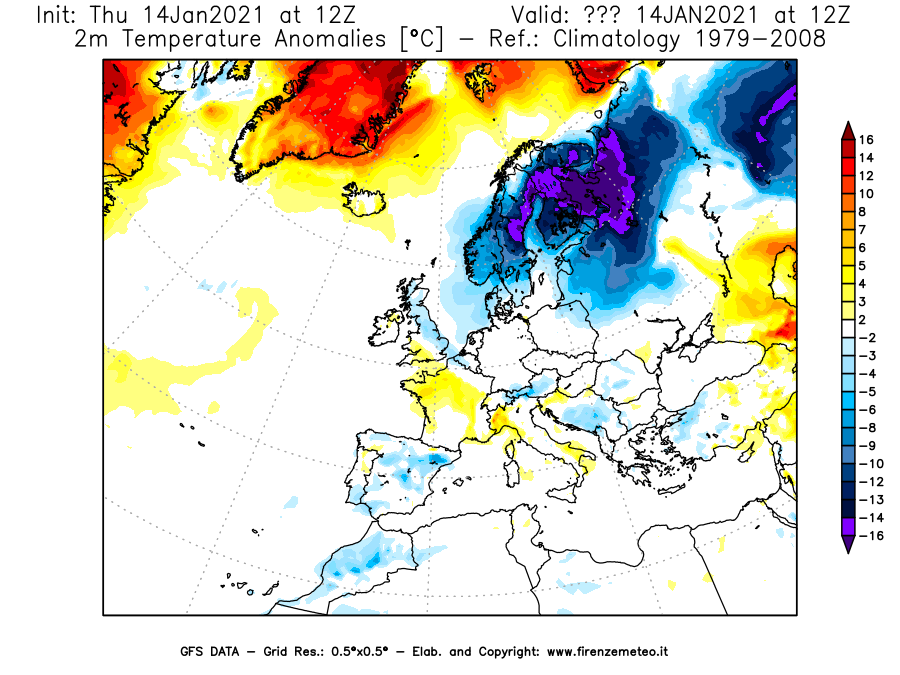 Mappa di analisi GFS - Anomalia Temperatura [°C] a 2 m in Europa
							del 14/01/2021 12 <!--googleoff: index-->UTC<!--googleon: index-->