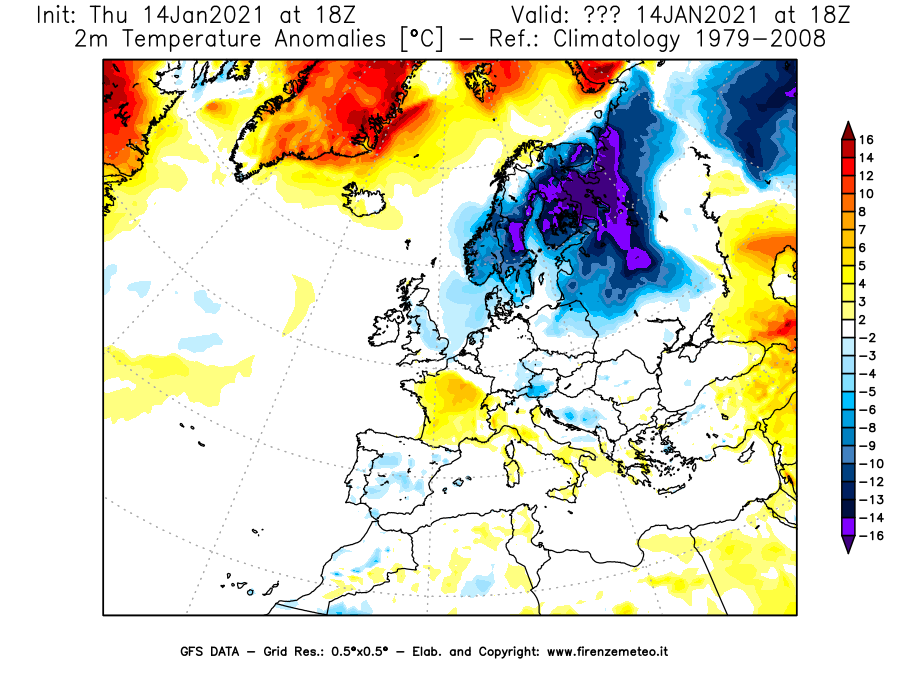 Mappa di analisi GFS - Anomalia Temperatura [°C] a 2 m in Europa
									del 14/01/2021 18 <!--googleoff: index-->UTC<!--googleon: index-->