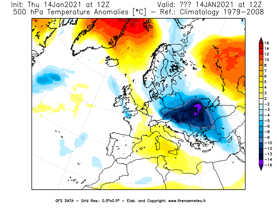 Mappa di analisi GFS - Anomalia Temperatura [°C] a 500 hPa in Europa
									del 14/01/2021 12 <!--googleoff: index-->UTC<!--googleon: index-->