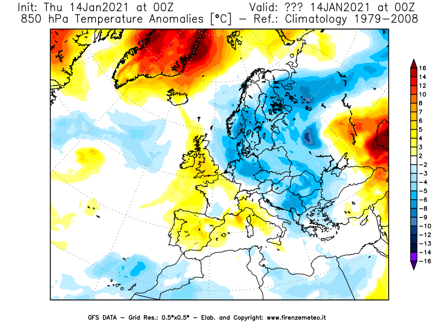Mappa di analisi GFS - Anomalia Temperatura [°C] a 850 hPa in Europa
									del 14/01/2021 00 <!--googleoff: index-->UTC<!--googleon: index-->