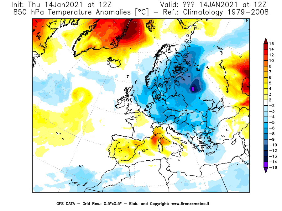 Mappa di analisi GFS - Anomalia Temperatura [°C] a 850 hPa in Europa
							del 14/01/2021 12 <!--googleoff: index-->UTC<!--googleon: index-->