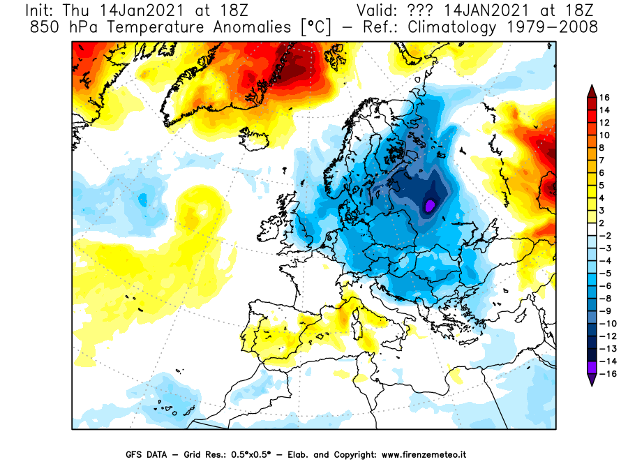 Mappa di analisi GFS - Anomalia Temperatura [°C] a 850 hPa in Europa
									del 14/01/2021 18 <!--googleoff: index-->UTC<!--googleon: index-->