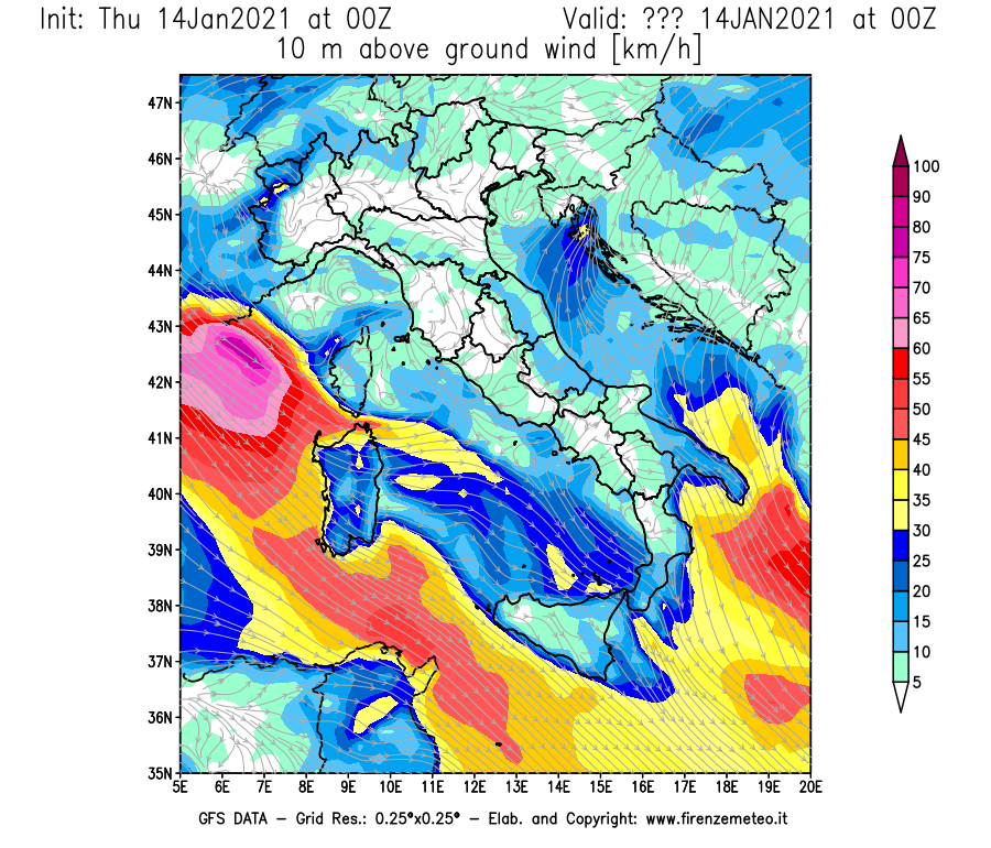 Mappa di analisi GFS - Velocità del vento a 10 metri dal suolo [km/h] in Italia
									del 14/01/2021 00 <!--googleoff: index-->UTC<!--googleon: index-->