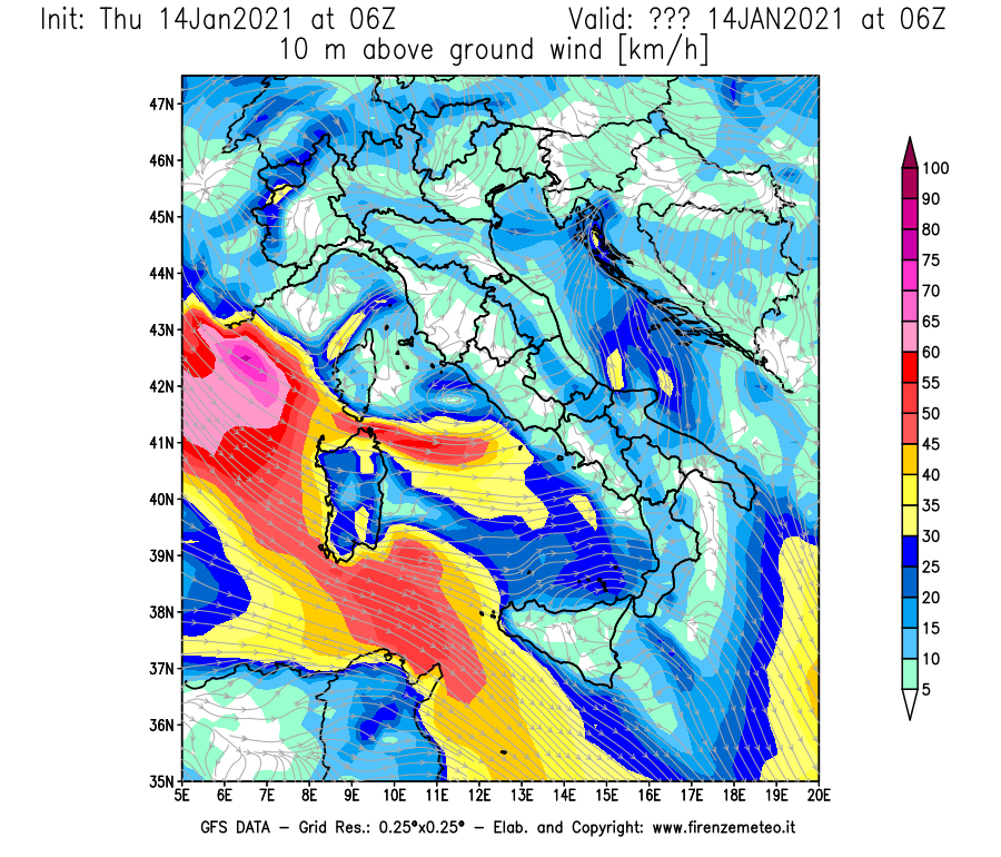 Mappa di analisi GFS - Velocità del vento a 10 metri dal suolo [km/h] in Italia
							del 14/01/2021 06 <!--googleoff: index-->UTC<!--googleon: index-->