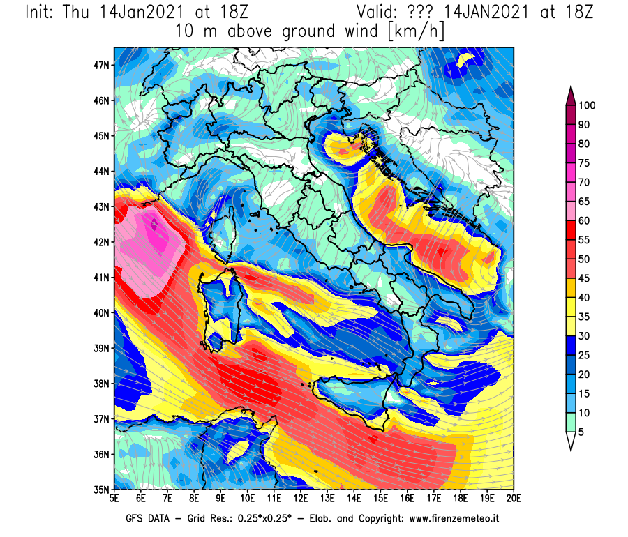 Mappa di analisi GFS - Velocità del vento a 10 metri dal suolo [km/h] in Italia
									del 14/01/2021 18 <!--googleoff: index-->UTC<!--googleon: index-->