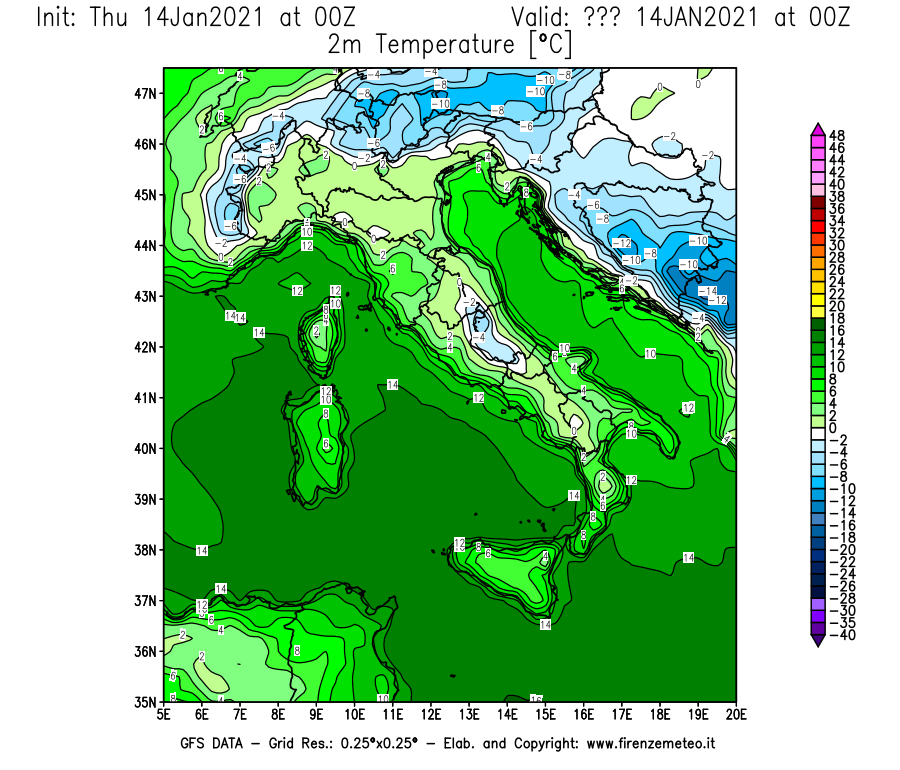 Mappa di analisi GFS - Temperatura a 2 metri dal suolo [°C] in Italia
									del 14/01/2021 00 <!--googleoff: index-->UTC<!--googleon: index-->