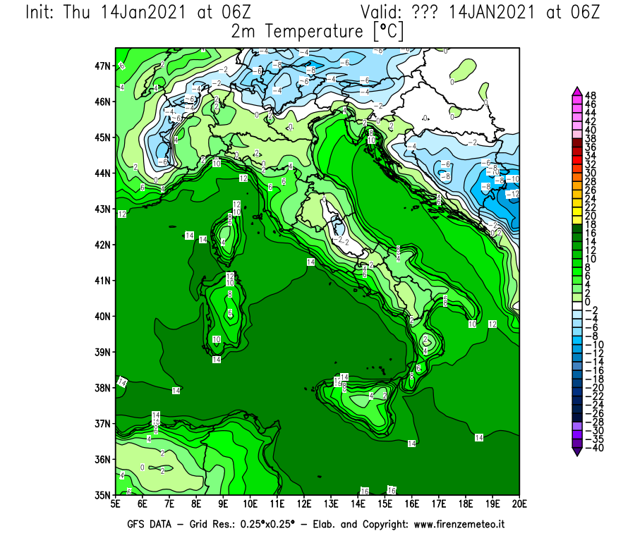 Mappa di analisi GFS - Temperatura a 2 metri dal suolo [°C] in Italia
									del 14/01/2021 06 <!--googleoff: index-->UTC<!--googleon: index-->