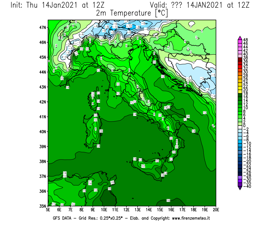 Mappa di analisi GFS - Temperatura a 2 metri dal suolo [°C] in Italia
									del 14/01/2021 12 <!--googleoff: index-->UTC<!--googleon: index-->