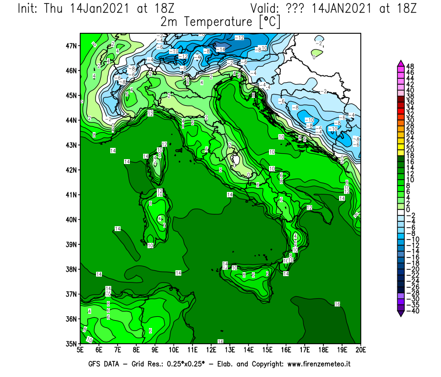 Mappa di analisi GFS - Temperatura a 2 metri dal suolo [°C] in Italia
							del 14/01/2021 18 <!--googleoff: index-->UTC<!--googleon: index-->