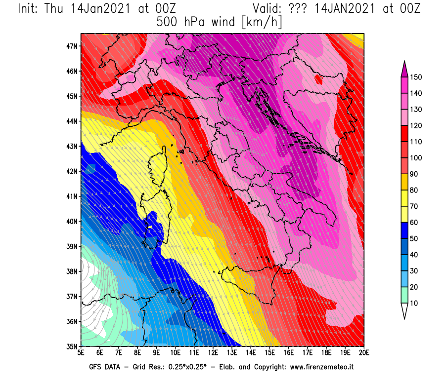 Mappa di analisi GFS - Velocità del vento a 500 hPa [km/h] in Italia
									del 14/01/2021 00 <!--googleoff: index-->UTC<!--googleon: index-->