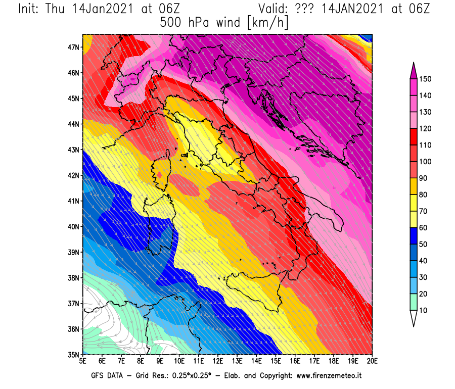 Mappa di analisi GFS - Velocità del vento a 500 hPa [km/h] in Italia
									del 14/01/2021 06 <!--googleoff: index-->UTC<!--googleon: index-->