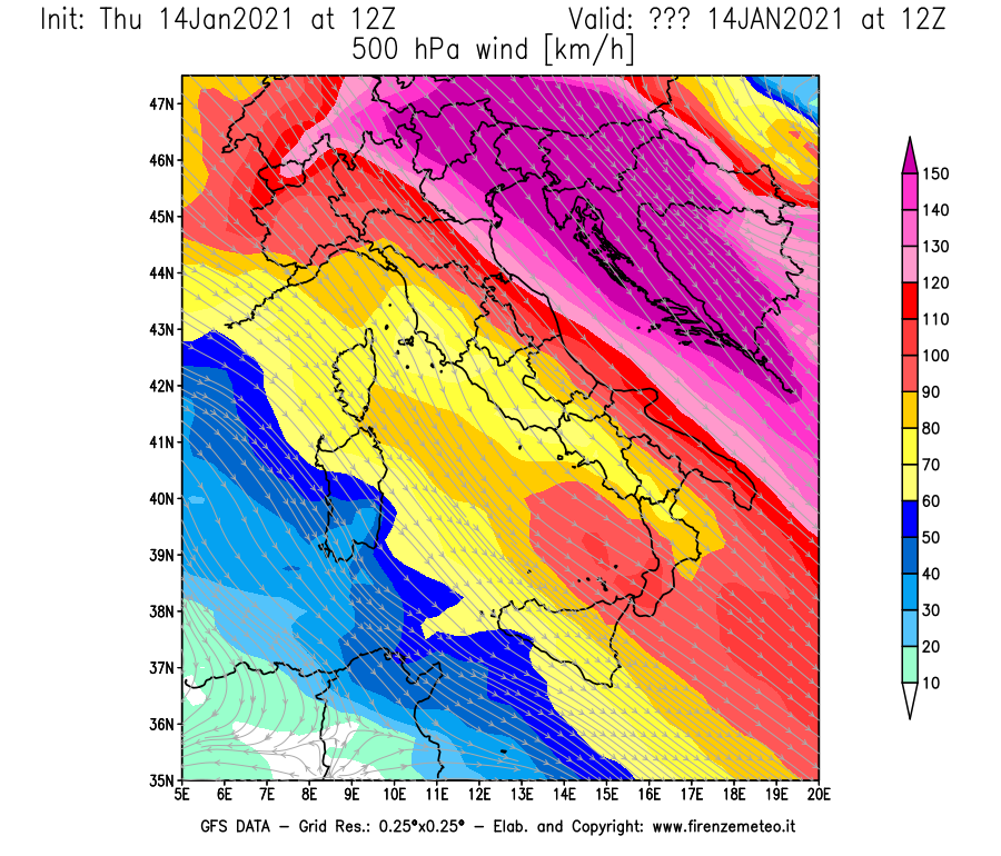 Mappa di analisi GFS - Velocità del vento a 500 hPa [km/h] in Italia
							del 14/01/2021 12 <!--googleoff: index-->UTC<!--googleon: index-->
