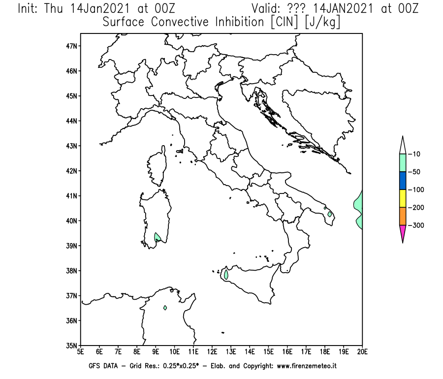 Mappa di analisi GFS - CIN [J/kg] in Italia
									del 14/01/2021 00 <!--googleoff: index-->UTC<!--googleon: index-->