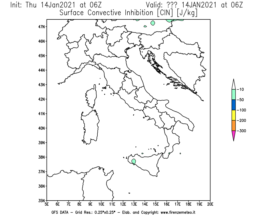 Mappa di analisi GFS - CIN [J/kg] in Italia
									del 14/01/2021 06 <!--googleoff: index-->UTC<!--googleon: index-->