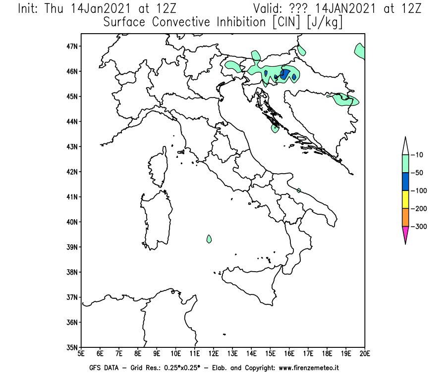 Mappa di analisi GFS - CIN [J/kg] in Italia
							del 14/01/2021 12 <!--googleoff: index-->UTC<!--googleon: index-->