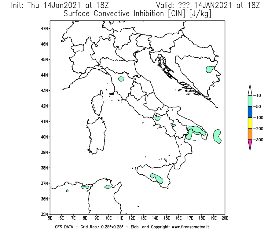 Mappa di analisi GFS - CIN [J/kg] in Italia
									del 14/01/2021 18 <!--googleoff: index-->UTC<!--googleon: index-->
