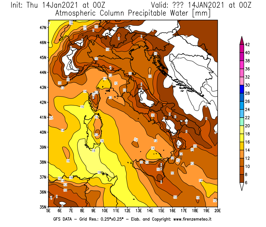 Mappa di analisi GFS - Precipitable Water [mm] in Italia
									del 14/01/2021 00 <!--googleoff: index-->UTC<!--googleon: index-->