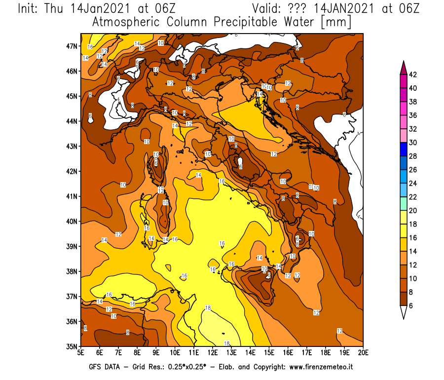 Mappa di analisi GFS - Precipitable Water [mm] in Italia
									del 14/01/2021 06 <!--googleoff: index-->UTC<!--googleon: index-->