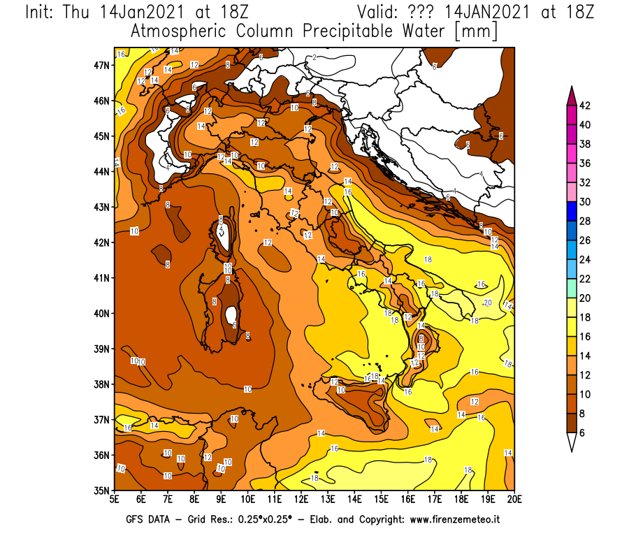 Mappa di analisi GFS - Precipitable Water [mm] in Italia
							del 14/01/2021 18 <!--googleoff: index-->UTC<!--googleon: index-->