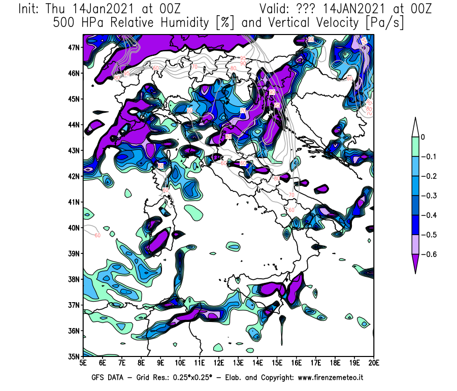 Mappa di analisi GFS - Umidità relativa [%] e Omega [Pa/s] a 500 hPa in Italia
							del 14/01/2021 00 <!--googleoff: index-->UTC<!--googleon: index-->
